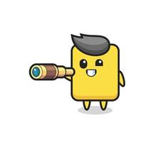 cute yellow card character is holding an old telescope vector
