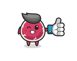 cute beef with social media thumbs up symbol vector