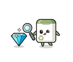 trash can mascot is checking the authenticity of a diamond vector