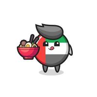 lindo personaje de la insignia de la bandera de los emiratos árabes unidos comiendo fideos vector