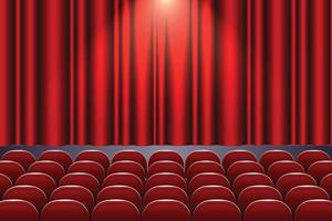 Theater auditorium with rows of red seats and stage with curtain vector