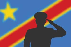 Solder silhouette on blur background with DR Congo flag. vector