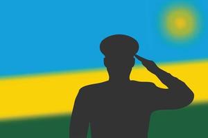 Solder silhouette on blur background with Rwanda flag. vector