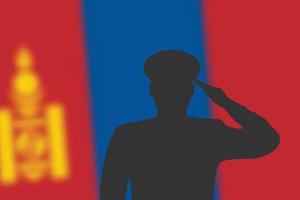 Solder silhouette on blur background with Mongolia flag. vector