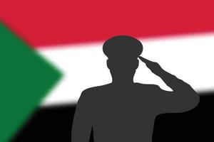 Solder silhouette on blur background with Sudan flag. vector