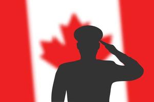 Solder silhouette on blur background with Canada flag. vector