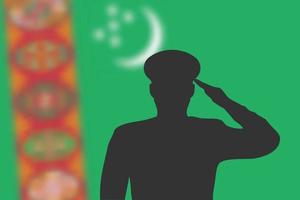 Solder silhouette on blur background with Turkmenistan flag. vector