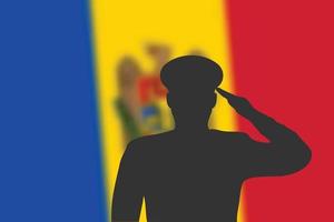 Solder silhouette on blur background with Moldova flag. vector