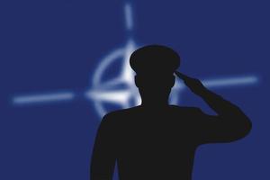 Solder silhouette on blur background with NATO flag. vector