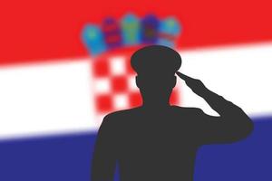 silueta de soldadura sobre fondo borroso con la bandera de croacia. vector