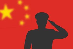 Solder silhouette on blur background with China flag. vector