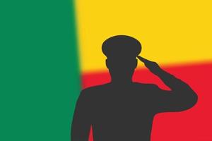 Solder silhouette on blur background with Benin flag. vector