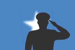 Solder silhouette on blur background with Somalia flag. vector
