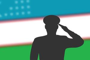 Solder silhouette on blur background with Uzbekistan flag. vector