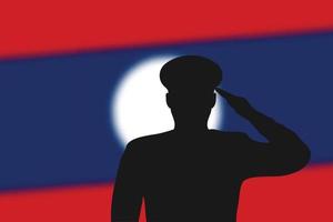 Solder silhouette on blur background with Laos flag. vector