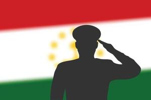 Solder silhouette on blur background with Tajikistan flag. vector