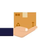 Delivery, hand hold cardboard package flat design vector illustration