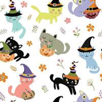 lindo, gatito, gato, familia, en, halloween, plano de fondo, seamless, patrón vector