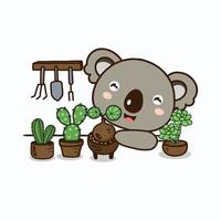 pequeño koala plantación jardín lindo personaje de dibujos animados. vector