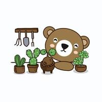 pequeño oso plantando jardín.Personaje de dibujos animados lindo. vector