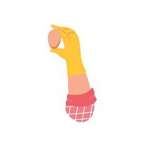 Hand in a rubber glove holds a chicken egg.  Illustration in flat vector