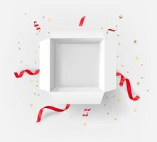 White opened gift box with red ribbons and golden confetti vector