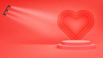escena de color rojo brillante con forma de corazón. banner de vector con proyectores
