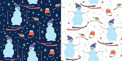 Winter seamless patterns with snowmen and ski vector