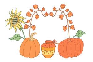 Autumn composition with sunflower, pumpkins in color doodle style vector