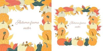 Autumn square frames with pumpkins, acorns and colorful leaves. vector