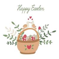 Easter greeting card with a basket full of colorful eggs and birds vector