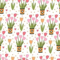 Spring floral seamless pattern with tulip flowers in pots vector