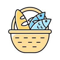 Bread and fish in basket yellow color icon