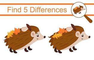 Cartoon hedgehog. Find 5 differences. Educational game for children. vector