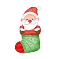 Hand drawn watercolor a cartoon santa Clause in a Christmas sock. vector