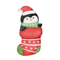 acuarela dibujada a mano un pingüino de dibujos animados en un calcetín navideño. vector