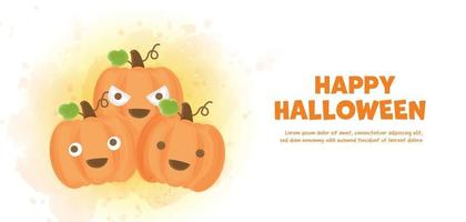 Happy Halloween banner with cute pumpkins in water color style. vector