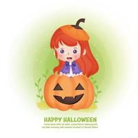 postal de Halloween con linda bruja y calabaza en estilo de color de agua. vector
