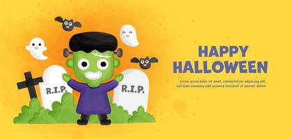 Happy Halloween background with cute  Frankenstein. . vector