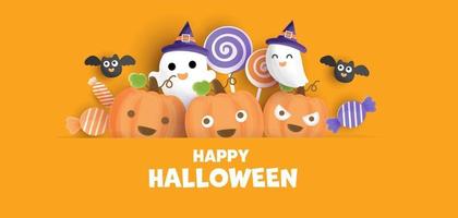 banner de feliz halloween con lindas calabazas. vector