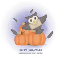 Halloween post card with cute owl and pumpkins. vector