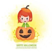 Halloween post card with cute witch and pumpkin in water color style. vector