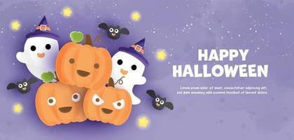 banner de feliz halloween con lindas calabazas y fantasmas vector