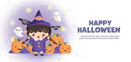 banner de feliz halloween con linda bruja vector