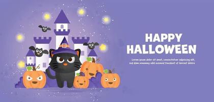 banner de feliz halloween con lindo gato y calabazas vector