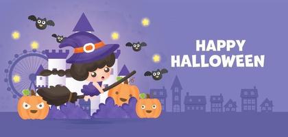 banner de feliz halloween con linda bruja. vector