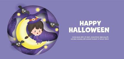 Happy Halloween banner with  cute witch sitting on the moon. vector