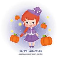 Halloween post card with cute witch and pumpkins. vector