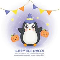 Tarjeta de feliz halloween con lindo pingüino en estilo color agua. vector