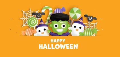 Happy Halloween background with cute  Frankenstein. . vector